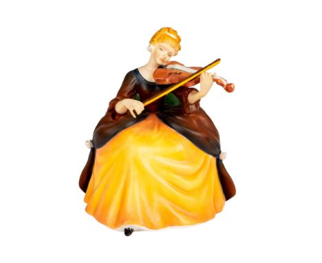 A limited edition hand painted figure modeled as a woman seated playing the violin. Royal Doulton backstamp. Artist: Peggy Da