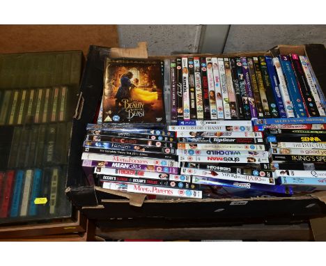 TWO BOXES OF DVD'S, VHS AND AUDIO CASSETTE BOOKS AND TWO TEAK EFFECT CASSETTE HOLDERS AND CONTENTS, DVD's include Lord of The