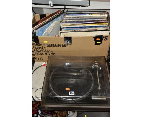 A DUAL 505 BELT DRIVE TURNTABLE fitted with a Ortofon DN165E stylus, together with a box of approximately eighty LP records -