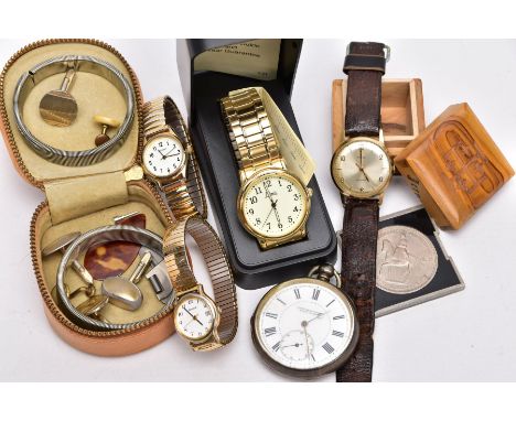 A BOX OF ASSORTED ITEMS, to include a gold plated gent's wristweatch with a round silver dial signed 'Timex', Arabic and bato