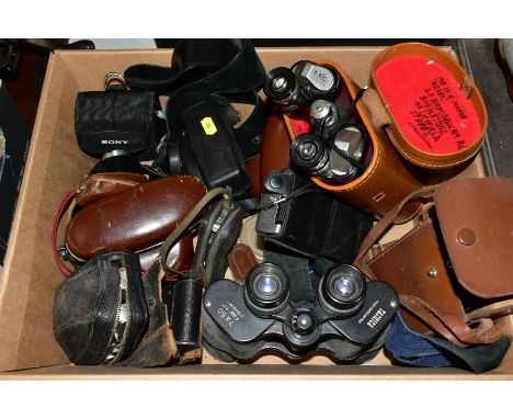 CAMERAS AND BINOCULARS ETC, to include Petlux 12x50 in leather case, strap missing, Yashica 7x50, no case, Olympus Trip 35 wi