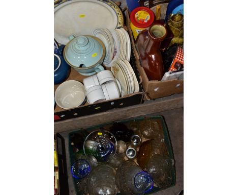 FOUR BOXES OF KITCHENALIA, CERAMICS, GLASSWARE, etc, including a graduated set of three brown cast iron Le Creuset saucepans,