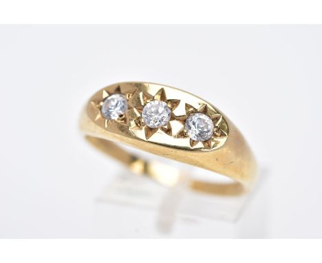 A 9CT GOLD GENTS THREE STONE RING, designed with three star set, circular cut colourless cubic zirconia stones, hallmarked 9c