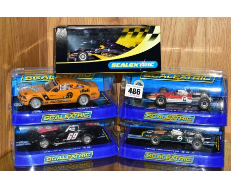 FIVE BOXED SCALEXTRIC RACING CARS, Lotus Cosworth 49 Jim Clark Kyalami 1968 No 4 (C3206), Lotus Cosworth 49 Jim Clark No 6 (C