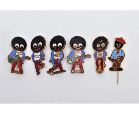 SIX ROBERTSON JAM GOLLY BADGES, to include two guitar players, golfing, dancing and painting styles, with red, blue, green an