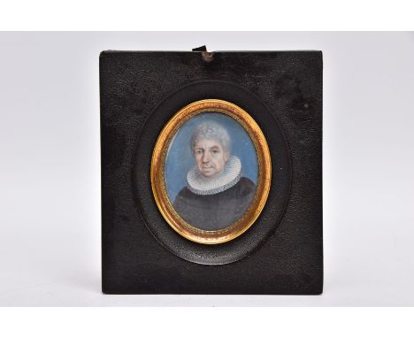 AN 18TH CENTURY PORTRAIT MINIATURE of a grey haired gentleman wearing a frilled collar above black robes, (presumed oil on iv