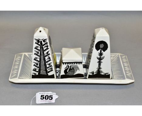 SCOTTIE WILSON (1888-1972) FOR ROYAL WORCESTER, a cruet set and stand, with geometric black and white birds, swans and trees,