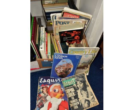 TWO BOXES OF BOXES, MAGAZINES AND STAMPS including two Luminaire Rustiques LG Paris light fitting brochures, Rupert Brook 191