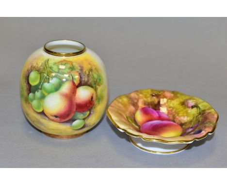 TWO PIECES OF 20TH CENTURY FRUIT PAINTED ROYAL WORCESTER, comprising a small globular vase decorated with pears and green gra