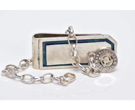 A WHITE METAL CHARM BRACELET AND A MONEY CLIP, the curb link bracelet fitted with a lobster claw clasp signed 'TS Ag 925 B', 