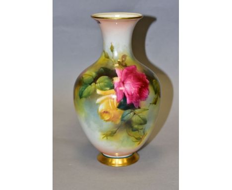 A ROYAL WORCESTER BALUSTER VASE PAINTED WITH PINK AND YELLOW ROSES, on a blush ivory ground, signed A. Hood, two small butter