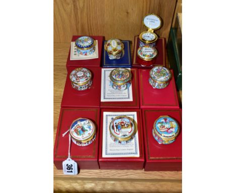 SEVEN BOXED HALCYON DAYS CHRISTMAS ENAMEL BOXES, 1993, 1994 with certificate, 1995, 1996, 1997 with certificate, 2006, 2007 w