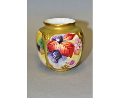 A ROYAL WORCESTER SQUAT PANELLED BALUSTER VASE, hand painted with blackberries and brambles by Kitty Blake, (signed K. Blake)