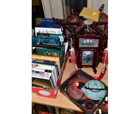 A MODERN CHINESE WOODEN/GLASS HANGING LANTERN, florally handpainted glass panels (one spare), total height 41cm, (one tassle 