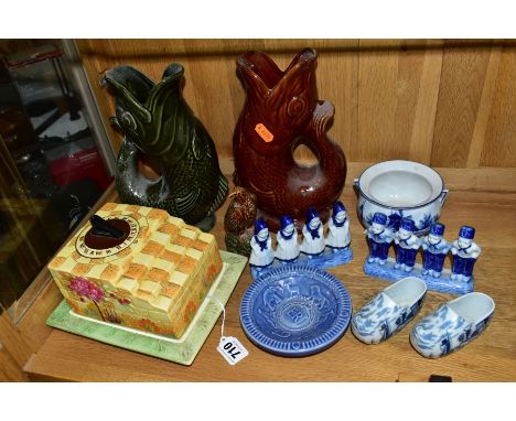 A SMALL GROUP OF CERAMICS, Beswick 'Sundial' cheese/butter dish and stand No 537 (stained), two Dartmouth gurgle jugs, brown 