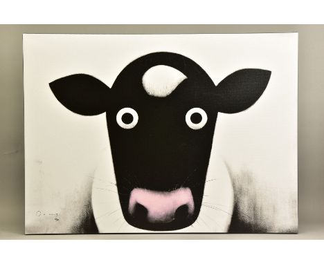 DOUG HYDE (BRITISH 1972) 'MOO' a limited edition box canvas print depicting a quirky cow 68/195, signed bottom left with cert