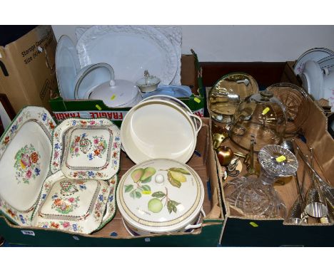 THREE BOXES OF CERAMICS ETC, to include Copeland Spode 'Chinese Rose' meat platter (cracked) and two tureens (one cracked lid