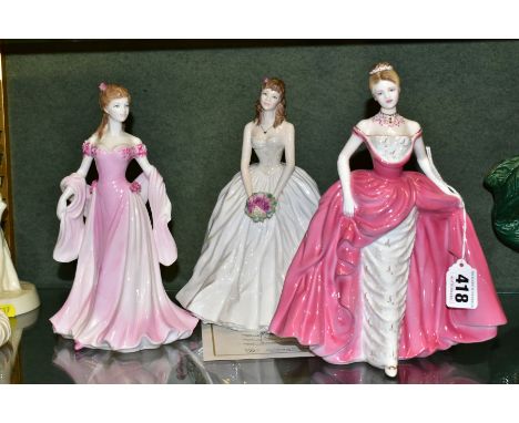 TWO ROYAL WORCESTER COMPTON &amp; WOODHOUSE LADY FIGURES AND ANOTHER SIMILAR COALPORT FIGURE, comprising 'Grace - The Royal W