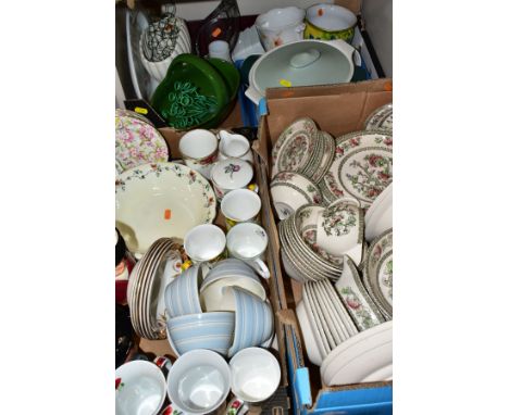 THREE BOXES OF CERAMICS AND GLASSWARE, including a Johnson Brothers 'Indian Tree' pattern dinner service, a Plant Tuscan Chin