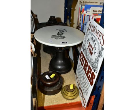 A SET OF TABLE TOP BALANCE SCALES, no makers marking, black painted cast iron base with circular glazed ceramic plate with an