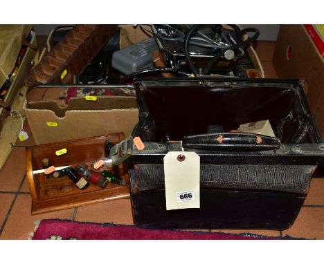 A QUANTITY OF VINTAGE MEDICAL EQUIPMENT ETC, to include Keeler inspection lamp, forceps, stethoscopes, stainless steel trays 