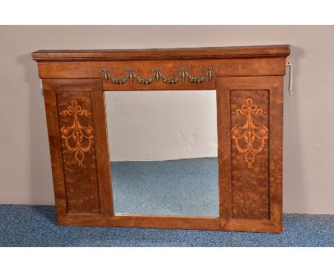AN EARLY 20TH CENTURY OVERMANTEL MIRROR, satin wood inlay to side panel, gilt swag decoration to the top facing panel, apprio