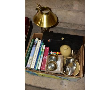 A BOX OF BOOKS, METALWARES, CERAMICS, ETC, including Celeste brass cased clock and matching barometer, a stoneware hot water 