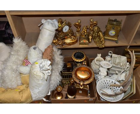 FOUR BOXES AND LOOSE OF MODERN FURNISHINGS, to include cushions, gilt decorated cherub candleholders, clock, novelty boxes, a