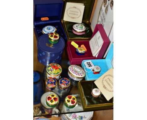 A GROUP OF ENAMEL BOXES, some boxed , comprising Halcyon Days, 'Congratulations' (boxed) and '1993 a Year to Remember', two b