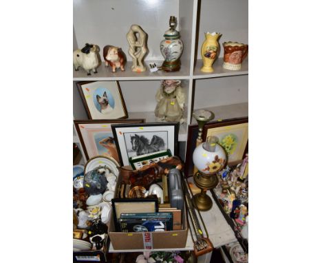 THREE BOXES OF CERAMICS, GLASSWARE AND LOOSE METALWARE AND PICTURES, etc including two pieces of Aynsley Orchard Gold, a Roya