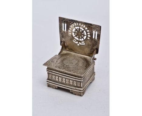 A LATE 19TH CENTURY RUSSIAN SILVER SALT CELLAR, in the form of a throne with lifting seat, worn gilt interior, pierced design