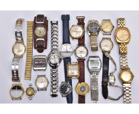A BOX OF ASSORTED WRISTWATCHES, to include watches such as a 'Ventura' with a round gold tone dial signed 'Ventura, 21 Jewels