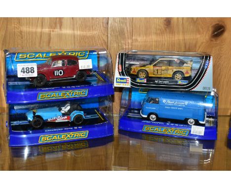 THREE BOXED SCALEXTRIC MODELS, Volkswagen Beetle 1960 R.A.C. Rally (C3484), Volkswagen Panel Van Type 1b (C3645), Caterham R5