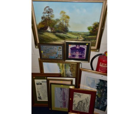 PAINTINGS AND PRINTS etc to include two Digby Page landscapes with cottages, signed, oil on canvas, approximate sizes 50cm x 