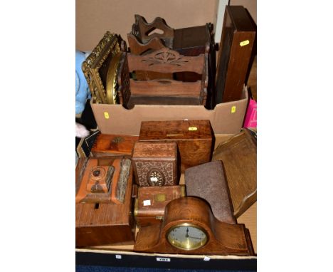 TWO BOXES OF WOODEN BOXES, BOOK RACK AND CLOCK, etc, to include mahogany workbox lacking interior fittings, Indian carved dec