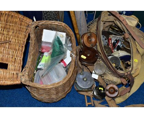 VINTAGE FISHING EQUIPMENT ETC, to include nine metal, two wooden and one bakelite fly reels, one branded 'The Wey Mark 2', ot