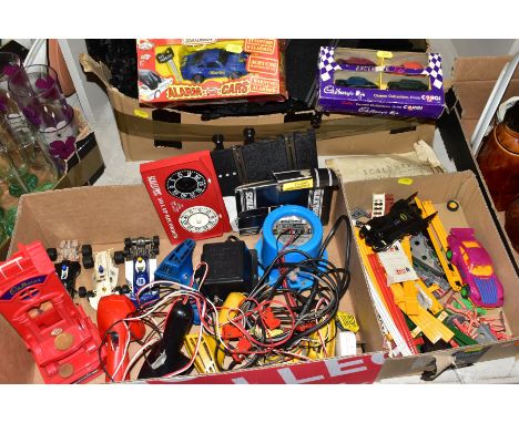 A QUANTITY OF UNBOXED AND ASSORTED SCALEXTRIC, to include Batmobile, No C465 and The Joker Porsche, No C466, three c. 1970's 