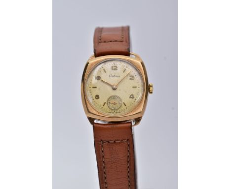 A GENTS 9CT GOLD CASED WRISTWATCH, round silver dial signed 'Certina' Arabic numerals and baton markers, seconds subsidiary d
