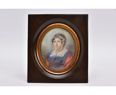 AN EARLY 19TH CENTURY CONTINENTAL PORTRAIT MINIATURE, of a lady wearing a lace cap and collar with a blue dress and red shawl