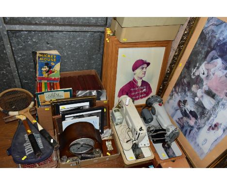A QUANTITY OF BOOKS, PRINTS, SEWING MACHINES, WOODEN TENNIS RACQUETS, etc, including a 1931 Mickey Mouse Annual in poor condi