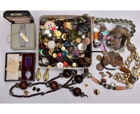 A BOX OF ASSORTED ITEMS, to include a silver medal with red and blue enamel for the 'Independent Order of Oddfellows, Manches