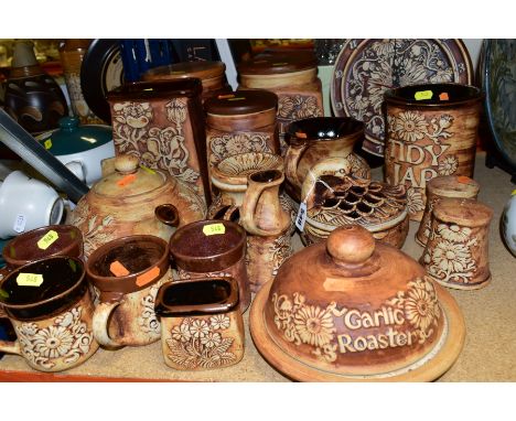A COLLECTION OF QUANTOCK DESIGN KITCHEN POTTERY, including a garlic roaster 'Sugar Caddy, Tidy Jar',  'Biscuits', 'Teabags', 