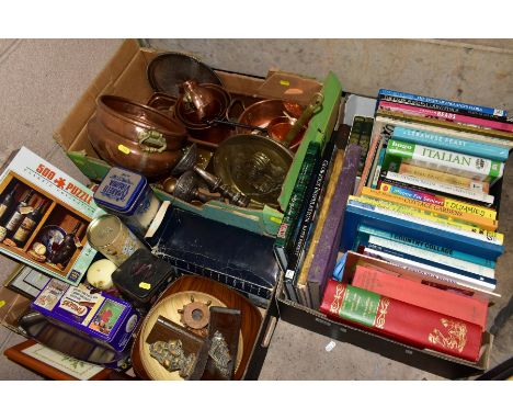 THREE BOXES OF BOOKS, COPPER, TINS, TREEN AND PRINTS, ETC, including 20th century copper planters, gardening interest books, 