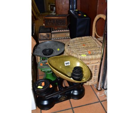 A GROUP OF LUGGAGE, SCALES, TREEN BOXES, etc, including a set of The Salter Staffordshire scales and another set of weighing 