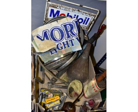 A TALBOT HAND TYRE PUMP, with a quantity of car and motoring related items to include Mobil Oil sign, Humber, Wolseley, Merce