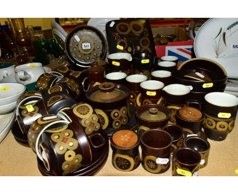 DENBY 'ARABESQUE' PART TEA/COFFEE SERVICE, comprising eleven tea cups, seven saucers, six coffee mugs, covered sugar bowl, mi