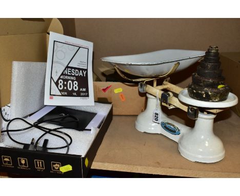 A SET OF E.J. THORNTON &amp; CO LTD, BIRMINGHAM BALANCE SCALES, in white enamel, complete and appear to be in working order, 