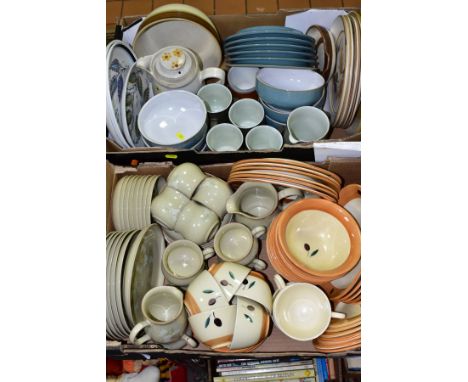 TWO BOXES OF POOLE AND DENBY POTTERY, mostly tea and dinner wares, patterns include Fresco by Rachel Barker for Poole Pottery