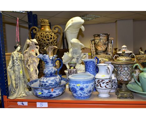 ASSORTED SCULPTURES, WASH SETS, VASES AND JARDINIERES ETC, to include resin Chinese and Japanese figures, Dolphin sculpture, 