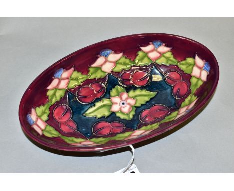 A MOORCROFT COLLECTORS CLUB OVAL MORELLO PATTERN BOWL, circa 1995, no 433, oval 23cm x 13cm (Condition:- good condition with 